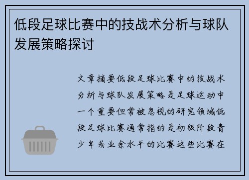 低段足球比赛中的技战术分析与球队发展策略探讨